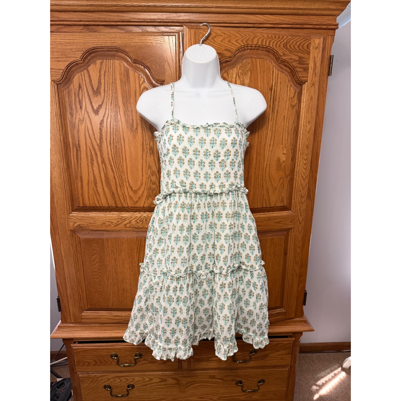 Oliphant Smocked Back Mini Dress White Gold-Tone Lisbon Print Floral S Cotton